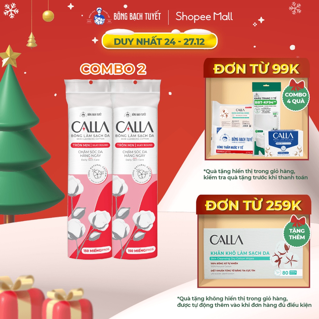 Combo 2 Gói Bông Tẩy trang làm sạch da Bông Bạch Tuyết Calla tròn mịn 150 miếng/gói