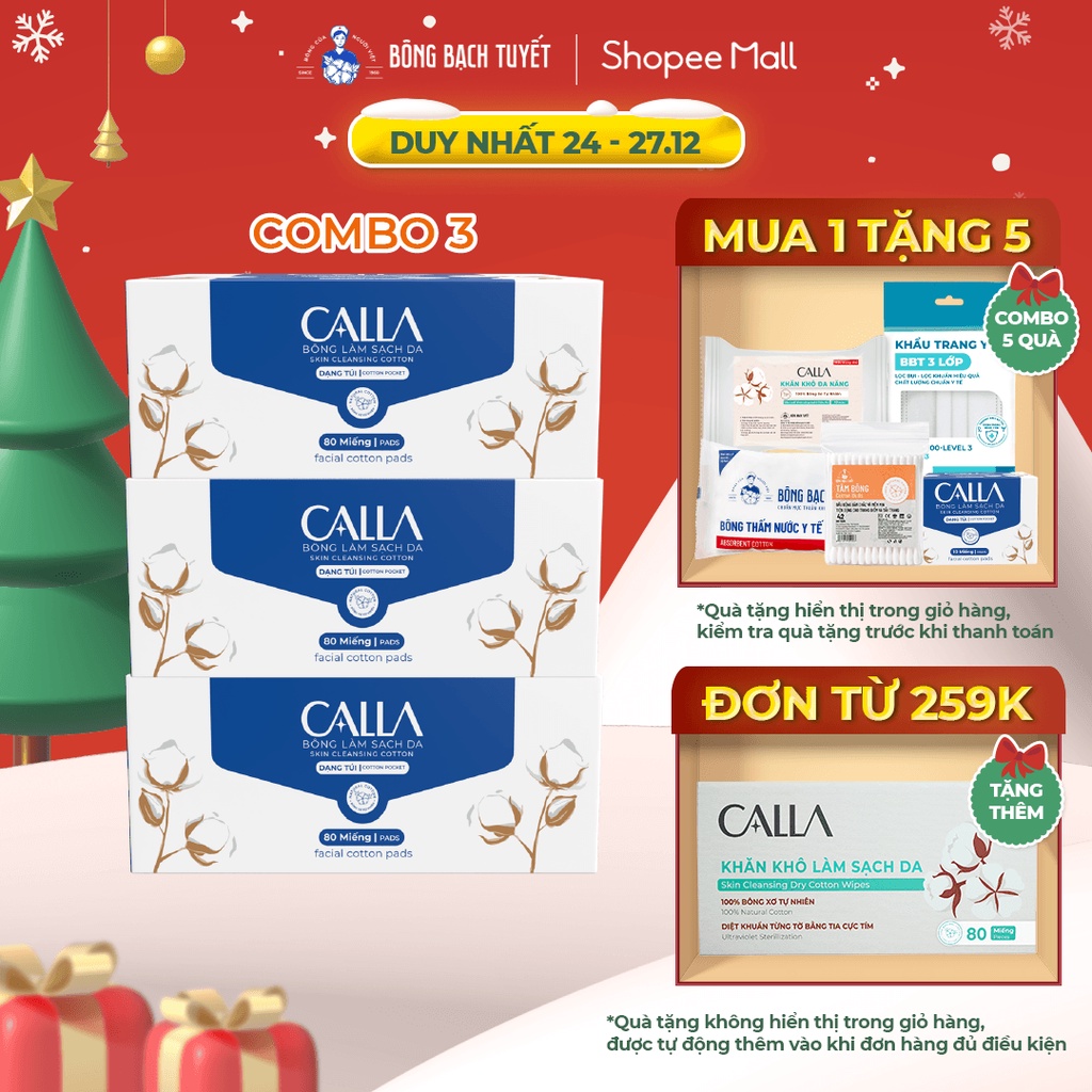 Combo 3 Bông tẩy trang Bông Bạch Tuyết Calla Xỏ Ngón Dạng Túi, làm sạch da 80 miếng/hộp