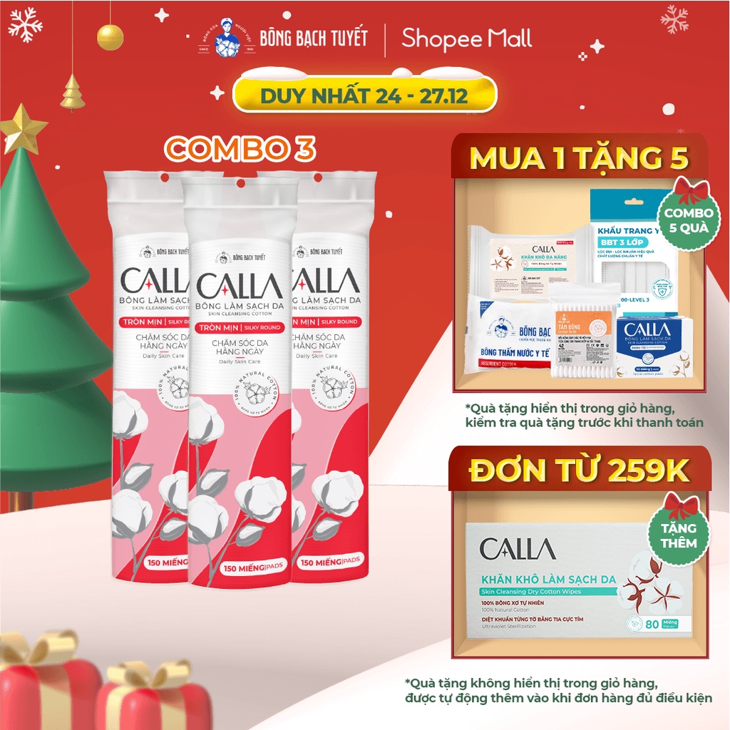 Combo 3 Gói Bông Tẩy trang làm sạch da Bông Bạch Tuyết Calla tròn mịn 150 miếng/gói