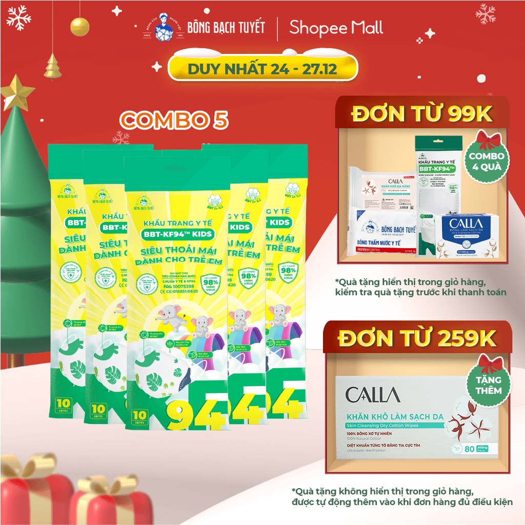 Combo 5 Gói Khẩu trang Bông Bạch Tuyết KF94 trẻ em (10 cái/gói) (Khủng long)