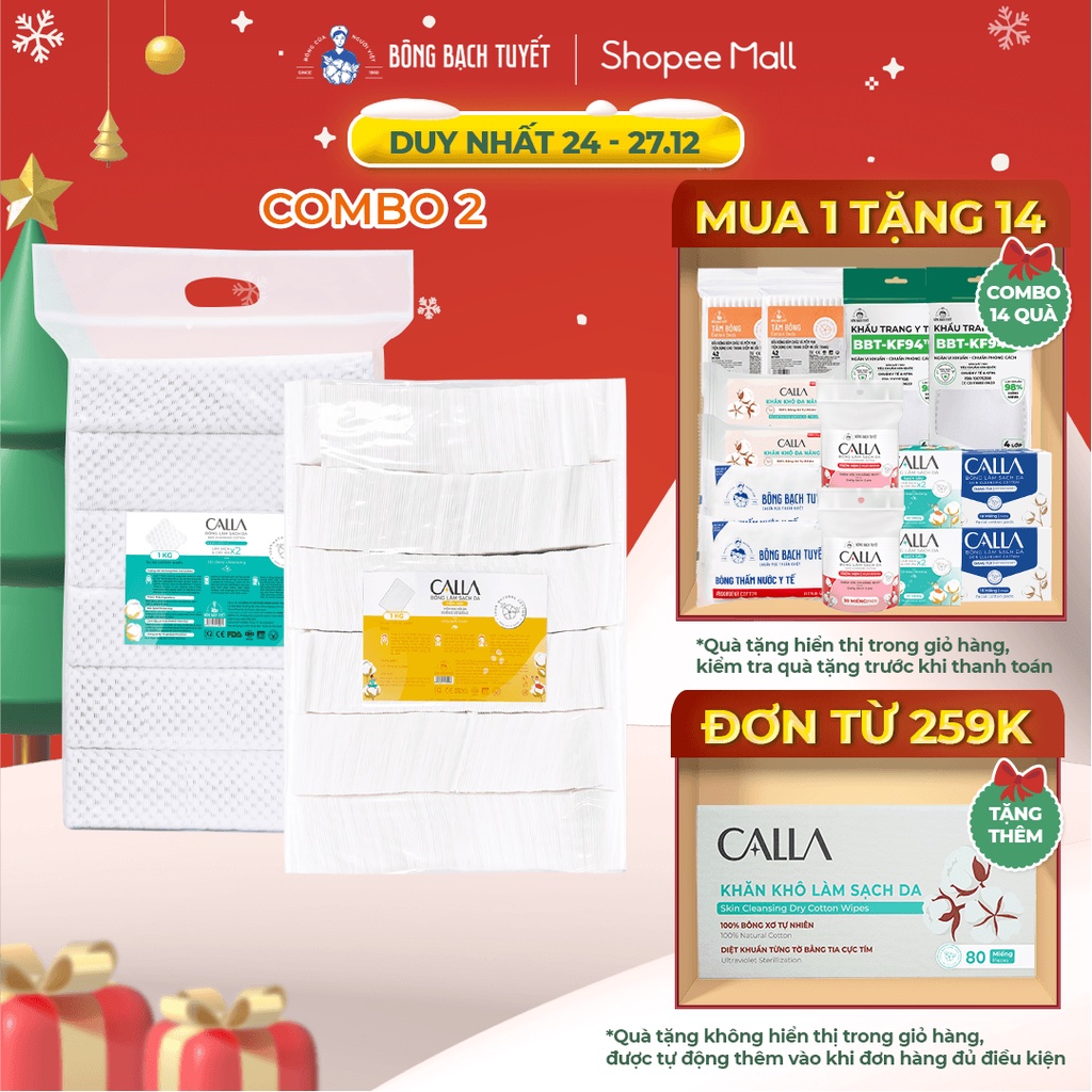 Combo 2 Túi Bông tẩy trang làm sạch da Bông Bạch Tuyết Calla Sạch Sâu & Mềm Mịn 1Kg (1Kg/túi)