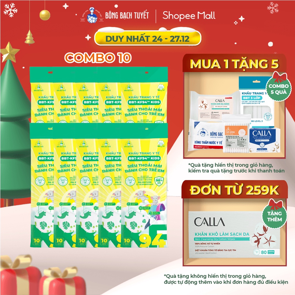 Combo 10 Gói Khẩu trang ông Bông Bạch Tuyết KF94 trẻ em (10 cái/gói) (Khủng long)