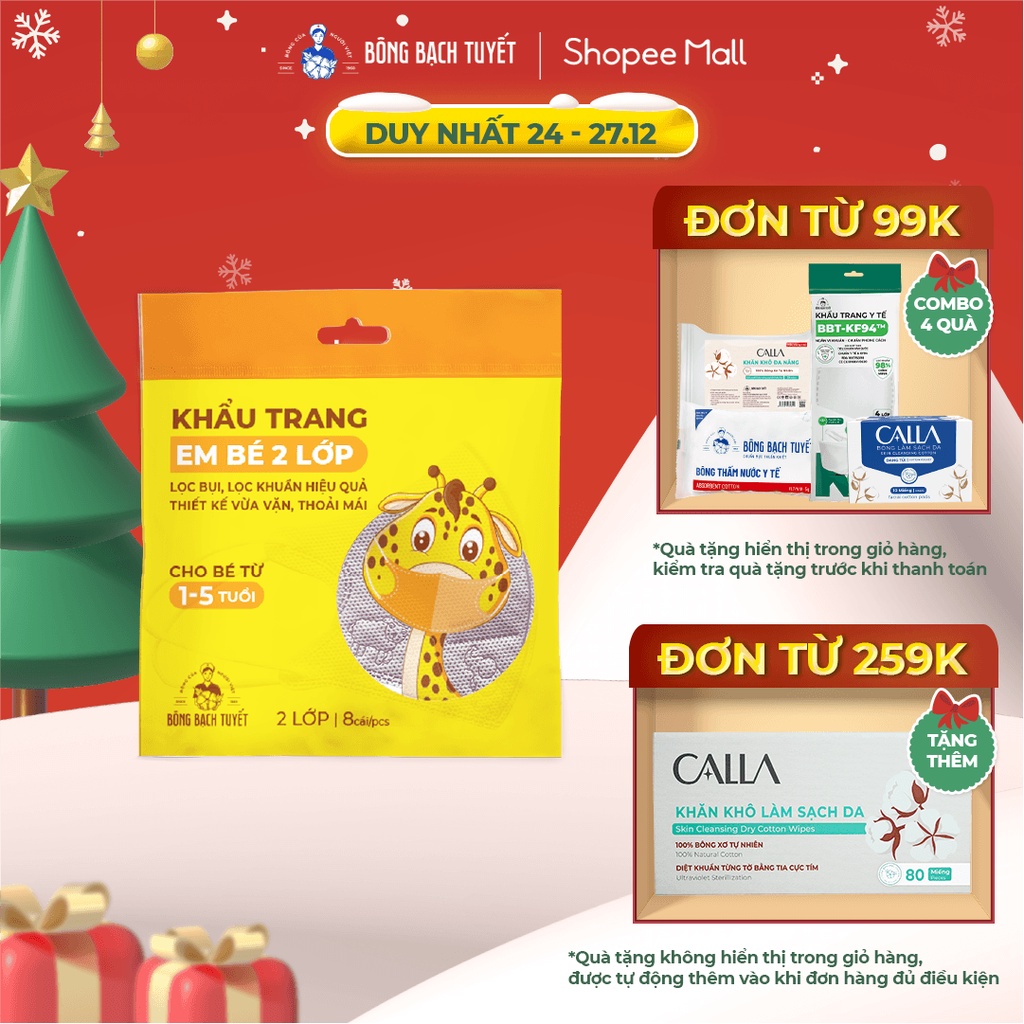Khẩu trang Bông Bạch Tuyết Trẻ Em bé 2 lớp cho bé 1 - 5 tuổi (8 cái/gói) Màu Xanh
