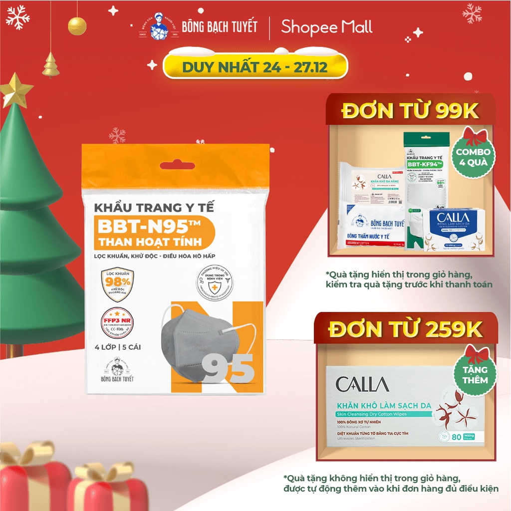 Khẩu Trang Bông Bạch Tuyết N95 Than hoạt tính 4 lớp (5 cái/gói)