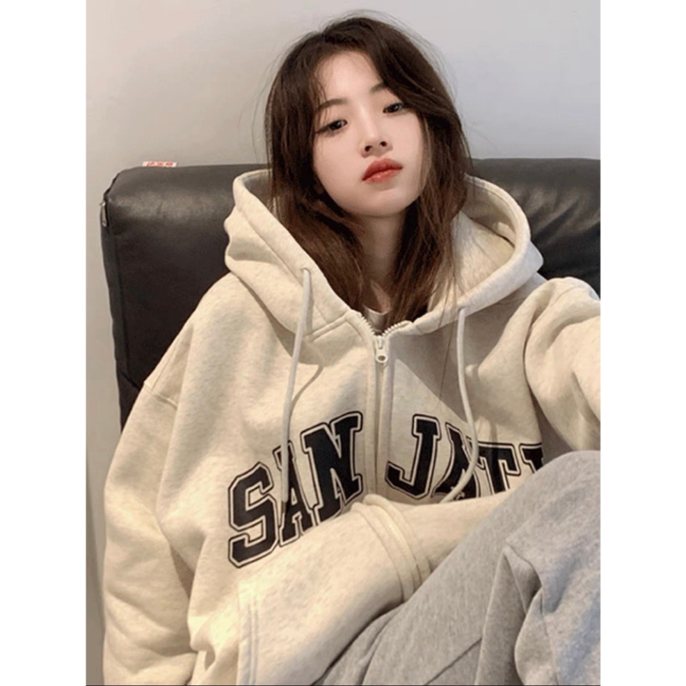 fgdfg Hoodie Zip - Áo Khoác Nỉ Bông Form Rộng Unisex In Chữ SANJATI Nam Nữ Mặc Được