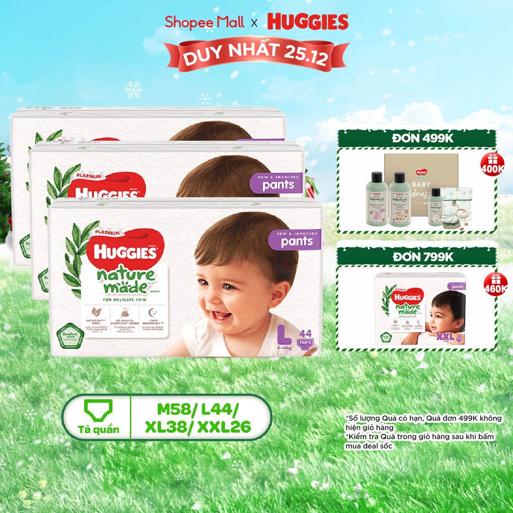 Thùng 3 gói Tã/Bỉm quần Huggies Platinum NatureMade M58/ L44/ XL38/ XXL26