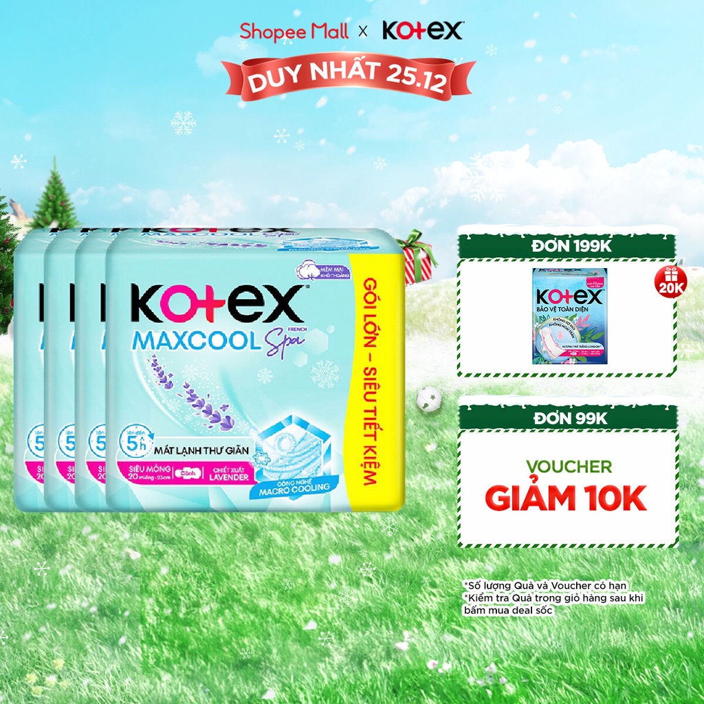 Combo 4 gói băng vệ sinh Kotex Maxcool French Spa Siêu mỏng cánh 23cm (20M/gói)