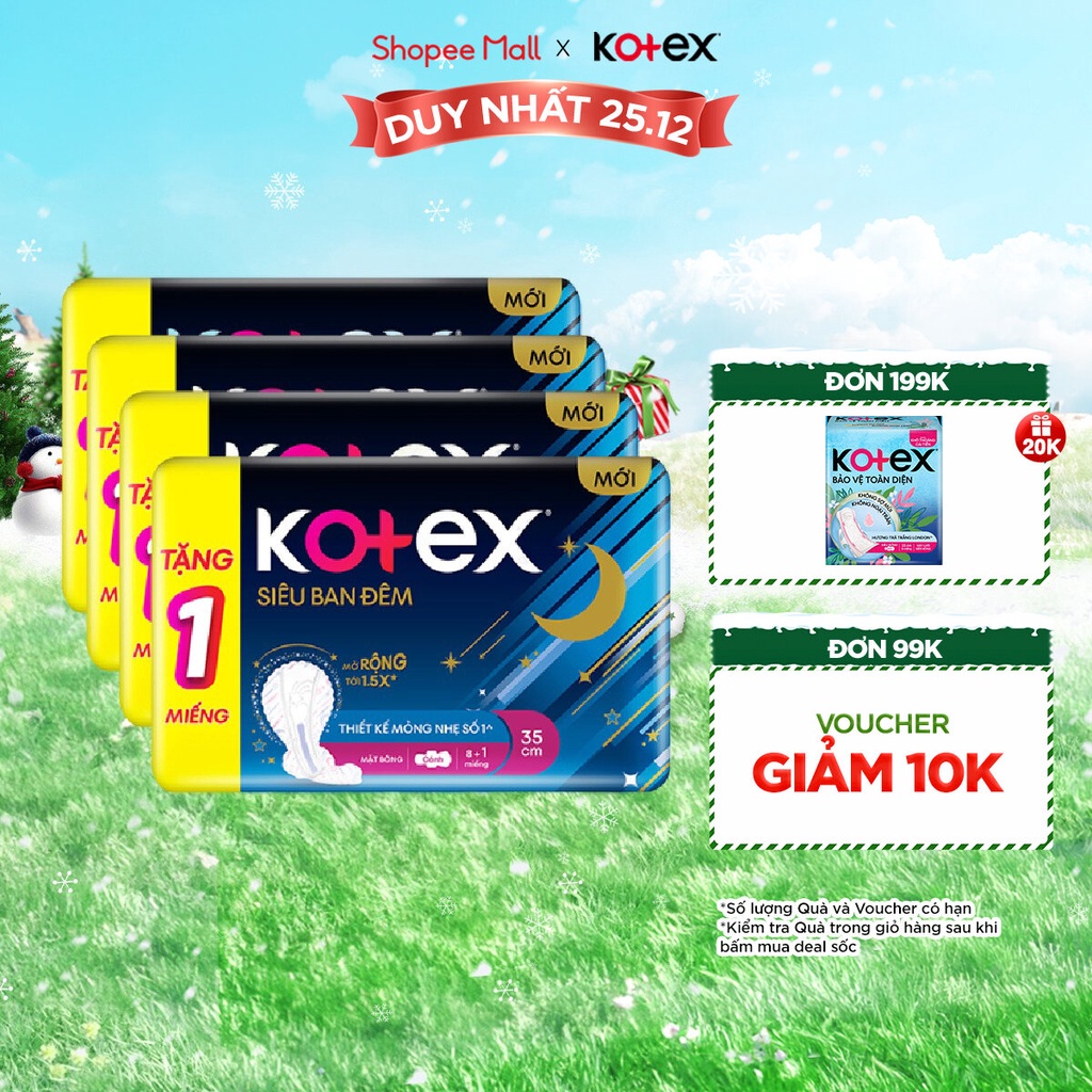 Combo 04 gói băng vệ sinh Kotex ban đêm mặt bông 8 miếng 35 cm