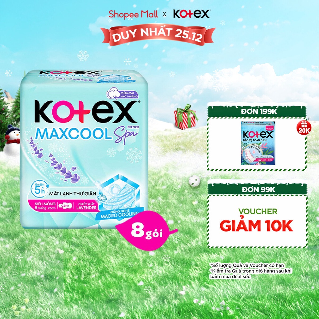 Combo 8 gói băng vệ sinh Kotex Maxcool French Spa siêu mỏng cánh 23cm (8M/gói)