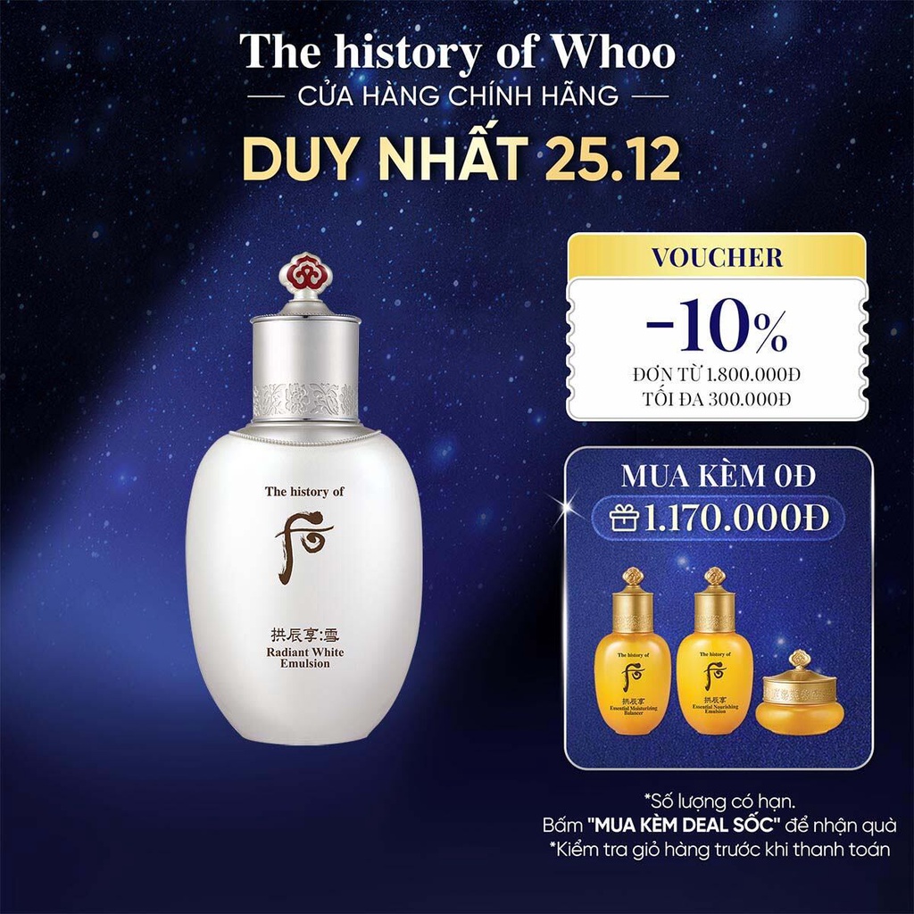 [Mã COSLUX09 giảm 120K đơn 1500K] Sữa dưỡng trắng da The history of Whoo Gongjinhyang Seol Radiant White Emulsion 110ml