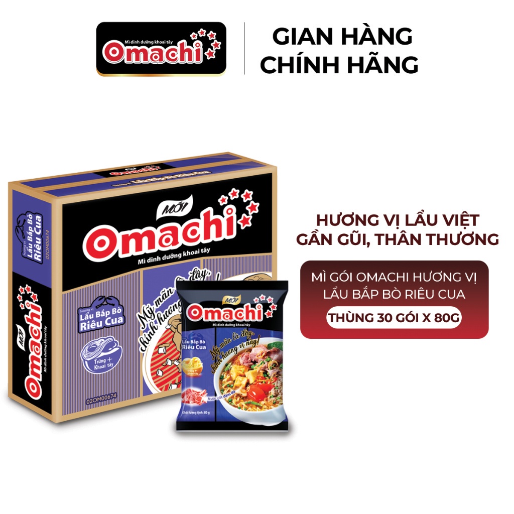 Mì Omachi Hương Vị Lẩu Bắp Bò Riêu Cua Gói 80g - Thùng 30 Gói x 80g