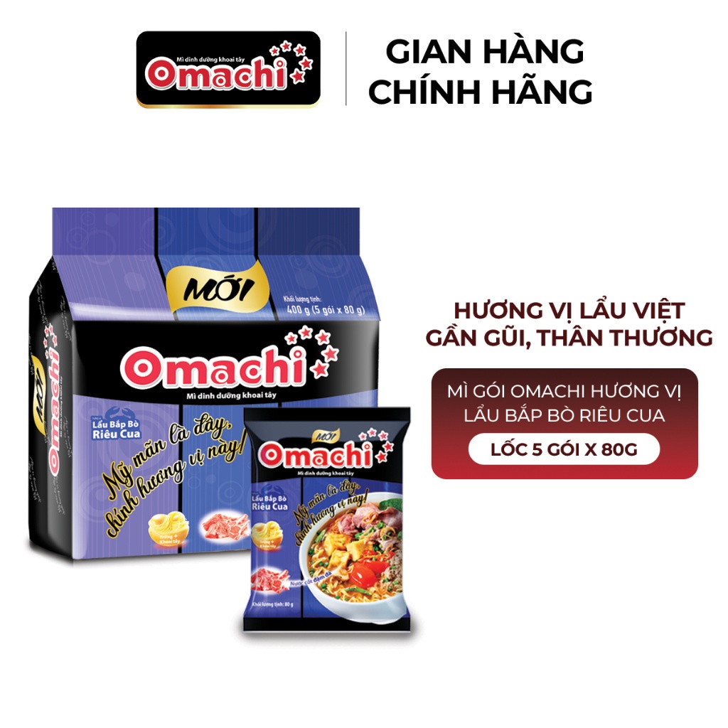 Mì Omachi Hương Vị Lẩu Bắp Bò Riêu Cua Gói 80g - Lốc 5 Gói x 80g