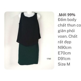 Đầm body màu xanh co giãn tốt phối voan đen, chất đẹp Size M mới 99%