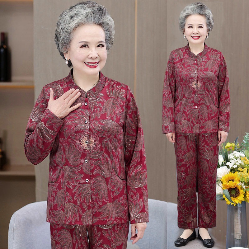 bộ đồ nữ xuân hè dài tay dành cho phụ nữ trung niên và người già quần áo bà ngoại cao cấp 60-70-80 t