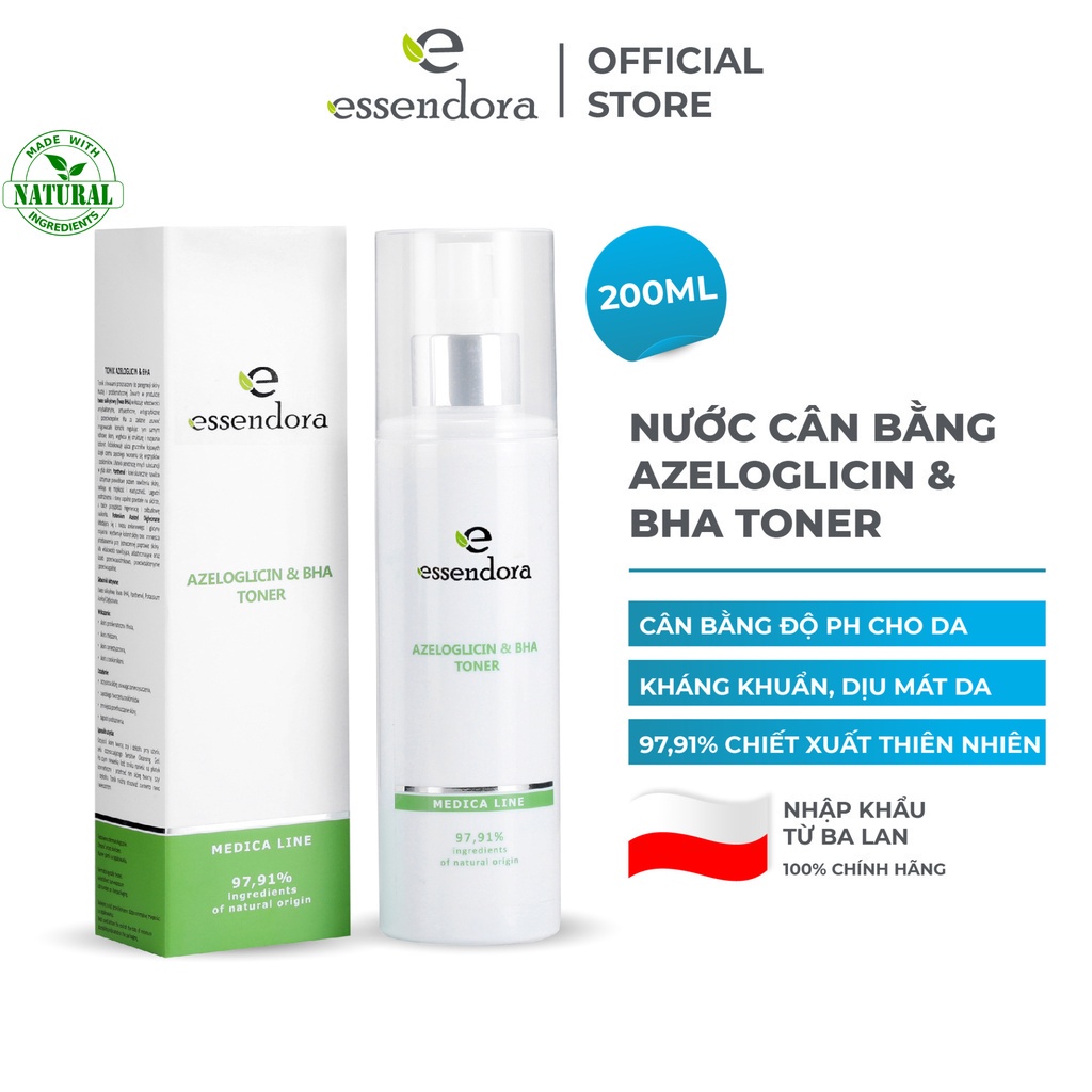 Nước Cân Bằng ESSENDORA Azeloglicin & BHA Toner 200ml Giúp Làm Khuẩn, Làm Sạch, Dưỡng Ẩm Cho Da Dầu Nhờn, Mụn Đầu Đen