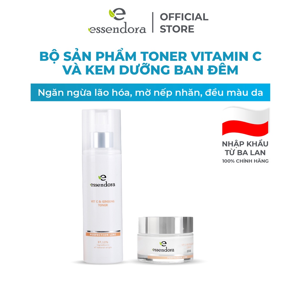 Bộ Sản Phẩm Toner Và Kem Dưỡng Ban Đêm ESSENDORA Giúp Da Sáng, Đều Màu, Săn Chắc, Ngăn Ngừa Lão Hóa Và Làm Mờ Nếp Nhăn