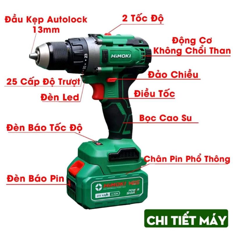 Máy khoan pin HIMOKI HM-ID135AK không chổi than siêu khoẻ,có chức năng anti kick back