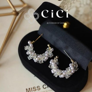 Khuyên tai cô dâu CiCi Accessories bông tai dáng C đính kết cườm và ngọc trai nhân tạo phụ kiện trang sức nữ xinh BT189