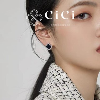 Bông tai nữ hình cỏ bốn lá CiCi Accessories khuyên tai mặt đen viền đá không gỉ phụ kiện trang sức nữ - BT69