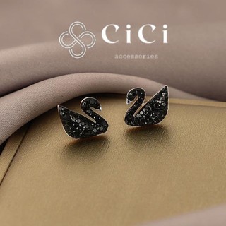 Bông tai nữ chuôi bạc 925 CiCi Accessories thi.ên nga swa đá đen phụ kiện trang sức nữ sang trọng, tinh tế - BT122