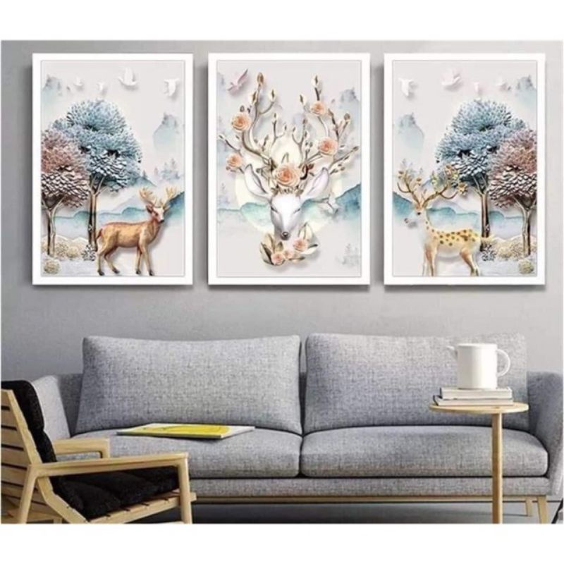 Tranh thêu kín chữ thập Bộ 3 bức tranh Nai FJ0756(149x73cm)