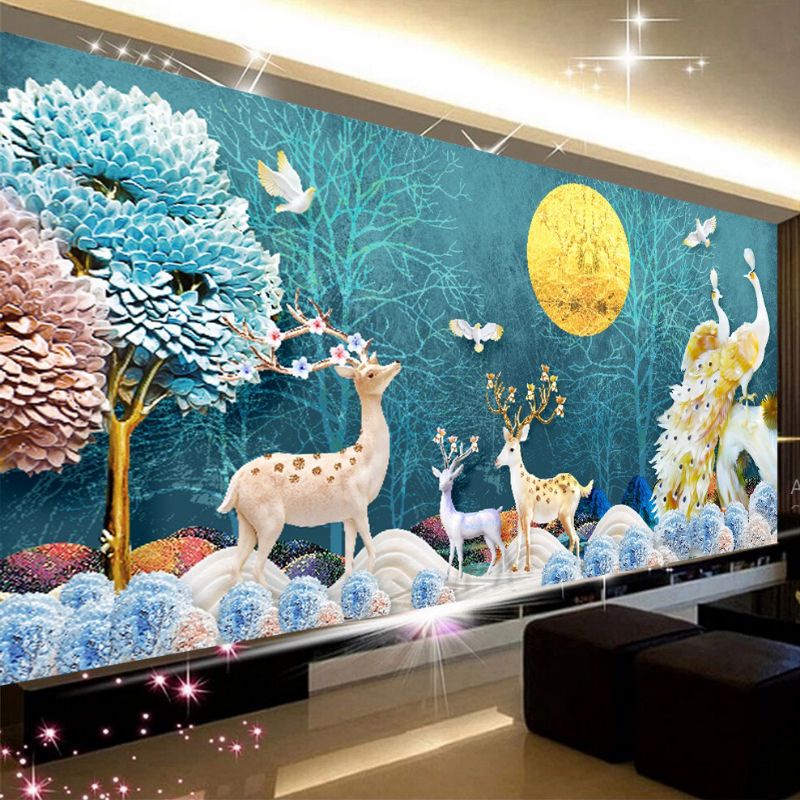 Tranh thêu kín chữ thập Nai Sừng dưới ánh trăng E77(100x55cm)