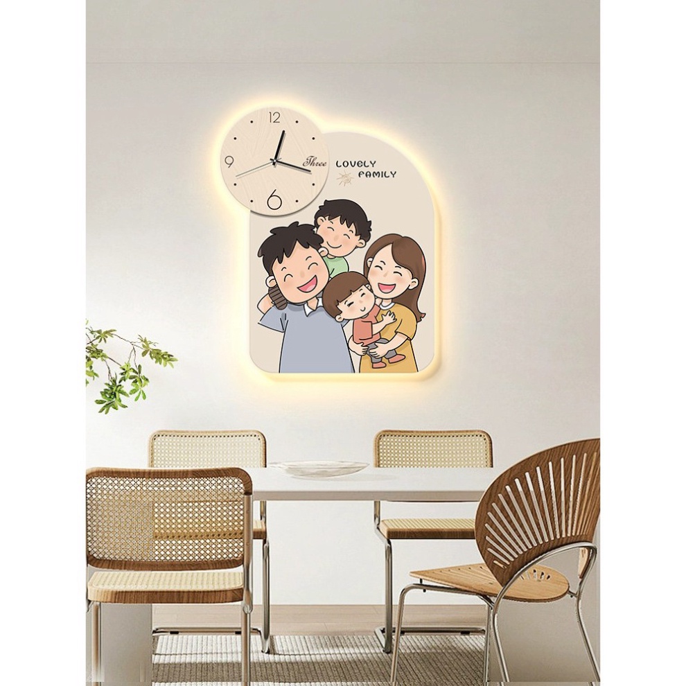 Tranh đồng hồ thời trang Gắn LED in hình dia đình ấm áp, chất liệu MECA