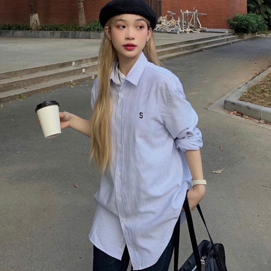 Áo sơ mi kẻ nam nữ mặc đôi unisex form rộng đẹp thêu chữ S / Destiny