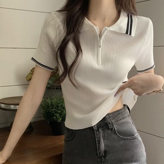 Jiashucheng Áo Thun polo Dệt Kim Lụa Lạnh Tay Ngắn Dáng Ôm Phong Cách Mới Mùa Hè Cho Nữ