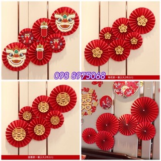 Set 6 Quạt giấy đỏ trang trí tết đã gấp sẵn