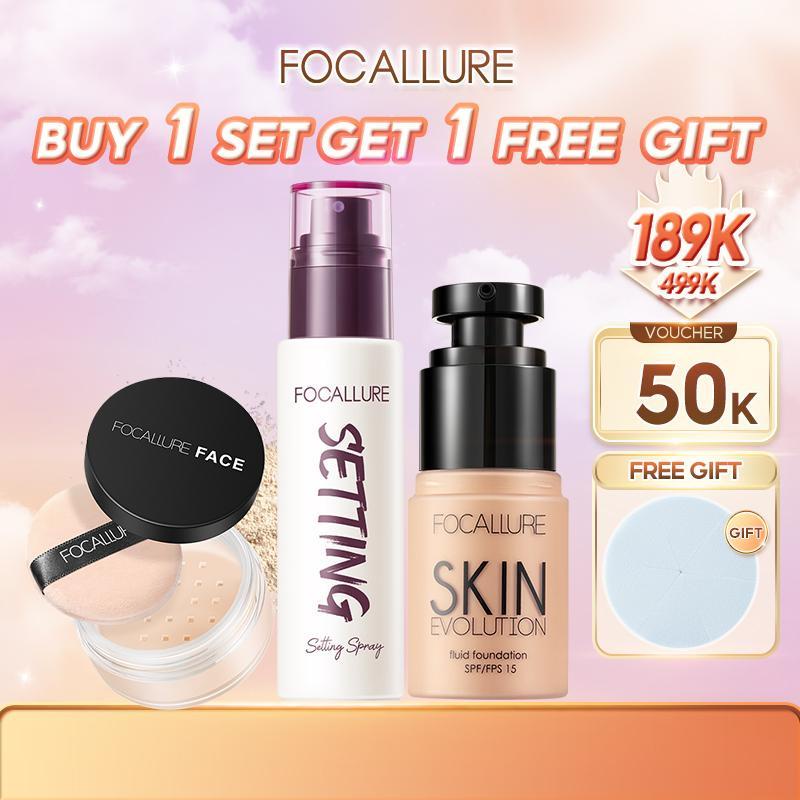 (Tặng Bông Mút + Voucher 50K) FOCALLURE Xịt Khóa Định Hình Lớp Trang Điểm + Kem Nền Dạng Lỏng + Phấn Phủ Kiểm Soát Dầu