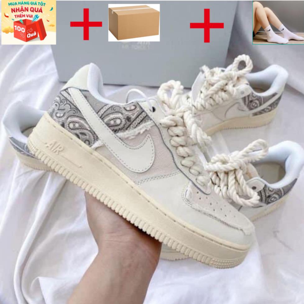 Giày Sneaker Air Force 1 Dây Thừng, Giày Af1 Thổ Cẩm Travis BigBag 2 Màu Đen - Be Bản Cao Cấp Full Bill Box
