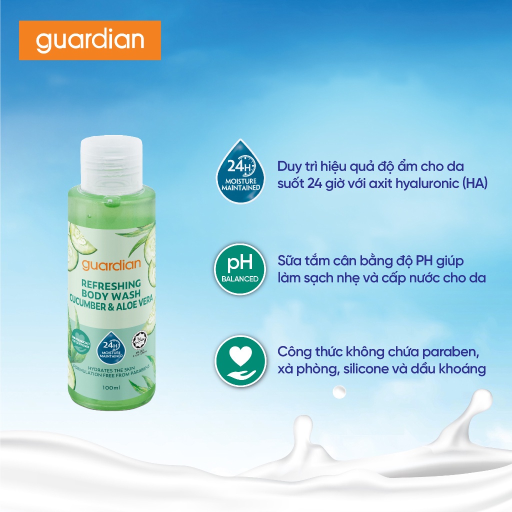 Sữa Tắm Dưỡng Ẩm Tươi Mát Guardian Refreshing Cucumber & Aloe Vera Body Wash Dưa Leo & Nha Đam 100ml