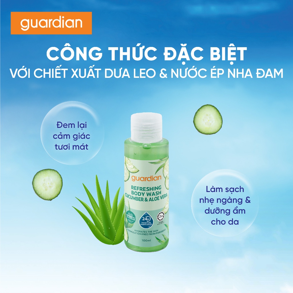 Sữa Tắm Dưỡng Ẩm Tươi Mát Guardian Refreshing Cucumber & Aloe Vera Body Wash Dưa Leo & Nha Đam 100ml