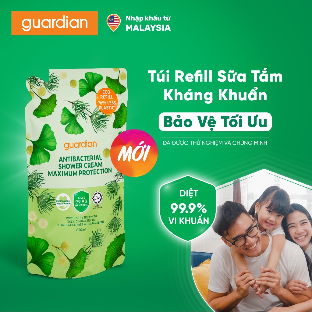Túi Refill Sữa Tắm Sạch Khuẩn Guardian Antibacterial Shower Cream Maximum Protection Bảo Vệ Tối Ưu 850ml