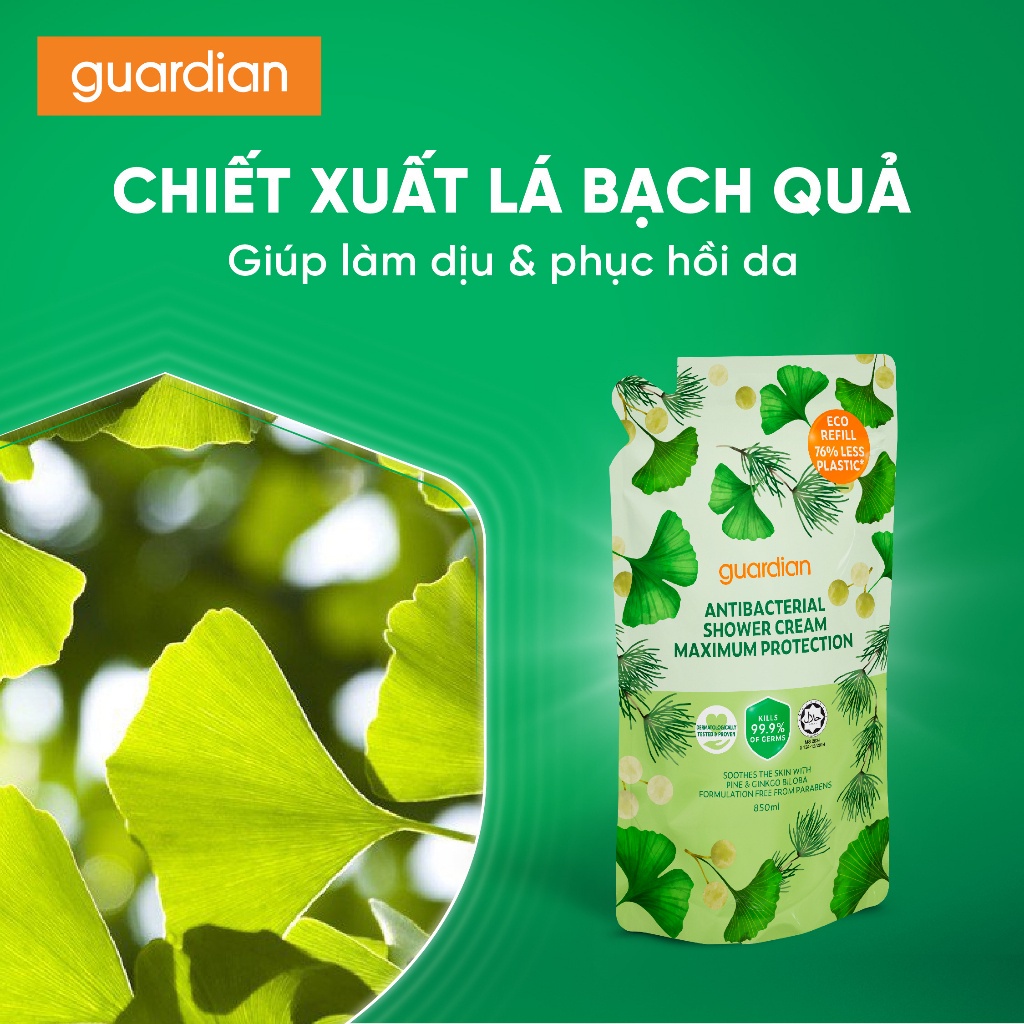 Túi Refill Sữa Tắm Sạch Khuẩn Guardian Antibacterial Shower Cream Maximum Protection Bảo Vệ Tối Ưu 850ml