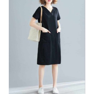 Đầm suông dáng dài tay ngắn cổ tim phối túi bigsize 40-120kg