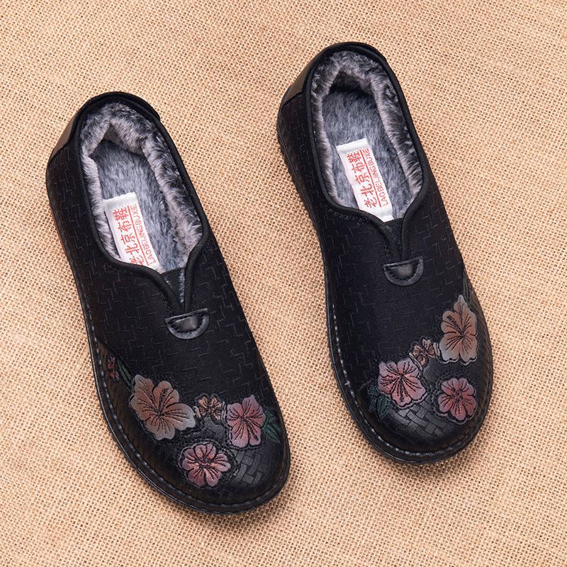 Giày Bông Đế Mềm Chống Trơn Đế Bằng Cho Mẹ Mùa Đông, Giày Giữ Ấm Thoải Mái Lót Nhung Cho Bà Già