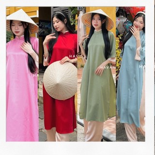 Set áo dài cách tân nữ lụa trơn dáng suông phối tay loe 2 lớp tặng kèm quần lụa HAVANA AD04 - Rio Shop