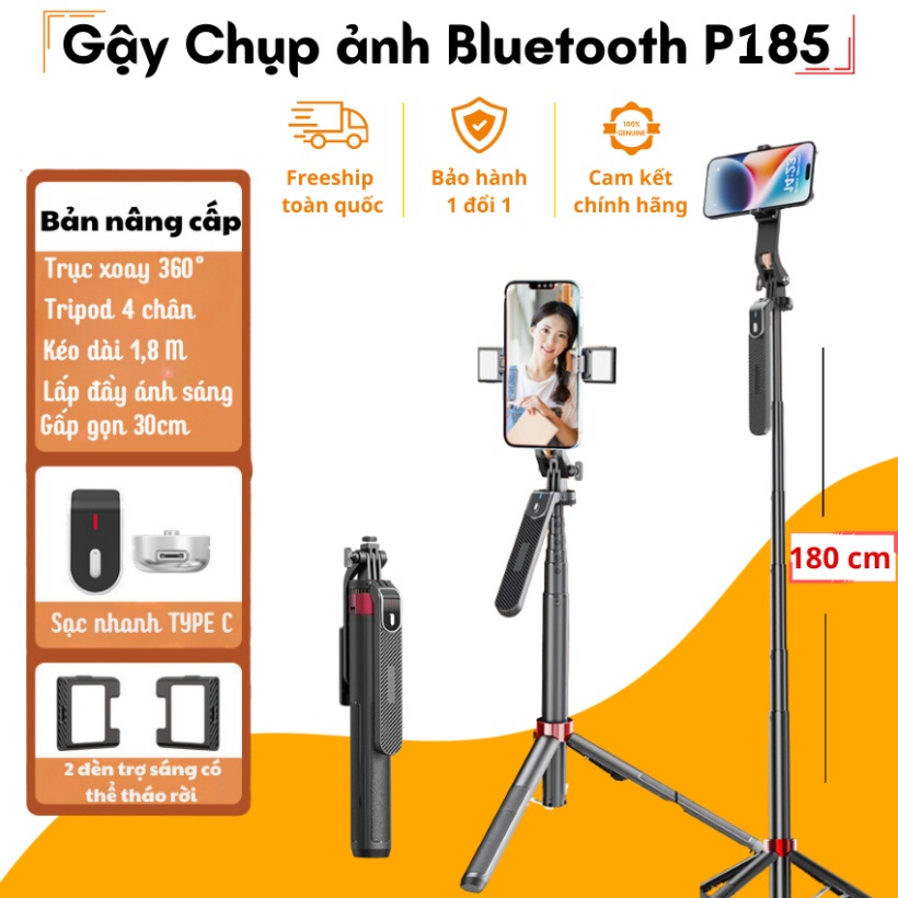 Gậy chụp ảnh 4 chân P185 - Tripod điện thoại livestream, quay phim, chụp ảnh kéo dài 180cm, có remote