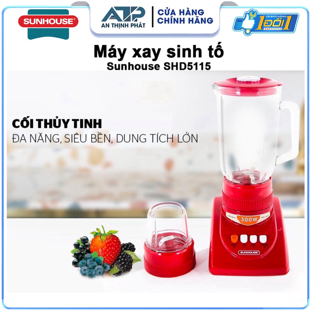 Máy xay sinh tố Sunhouse SHD5115 2 cối màu đỏ, xay đá nhỏ, rau củ quả, Hàng Chính Hãng Bảo Hành 24 T