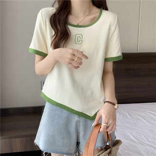 Jiashucheng Áo Thun Ngắn Tay Phối Màu Sắc Tương Phản Thời Trang Mùa Hè Cho Nữ