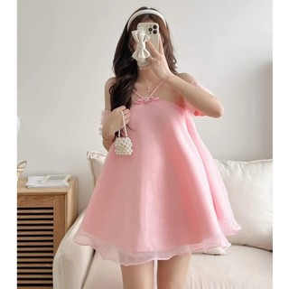 Áo Váy Babydoll Cổ Yếm Đính Nơ Ngực Tay Phối Ren Trễ Vai Dáng Xoè Bồng Bềnh , Labibi