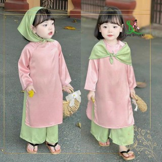 Áo dài tết cho bé gái, áo dài lụa cách tân dễ thương cho bé màu hồng kèm khăn mỏ quạ mềm mại