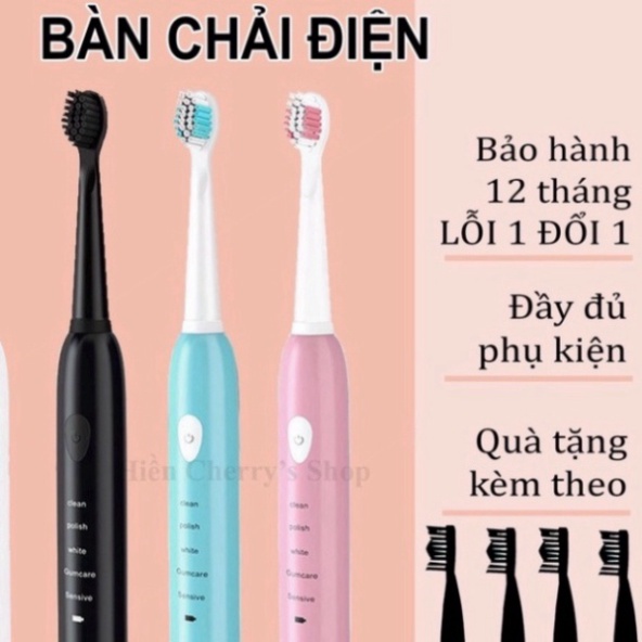 Bàn chải đánh răng, Bàn chải điện 5 chế độ bản cao cấp công nghệ rung sóng âm cao cấp kèm 4 bàn chải