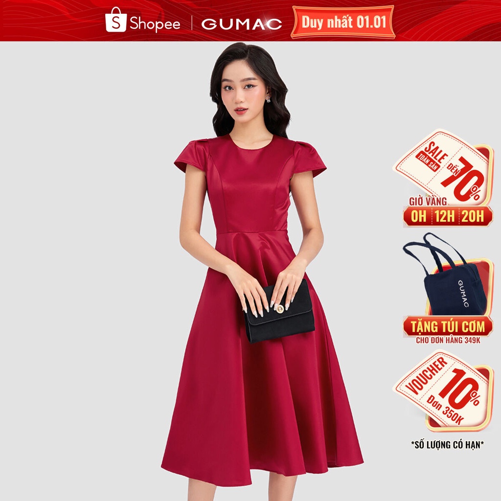 Đầm cổ tròn tay xếp GUMAC LDD0302