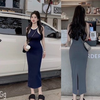 Đầm Sát Nách Thun Gân Ôm Body Viền xẻ tà, Váy Ôm dáng dài mam