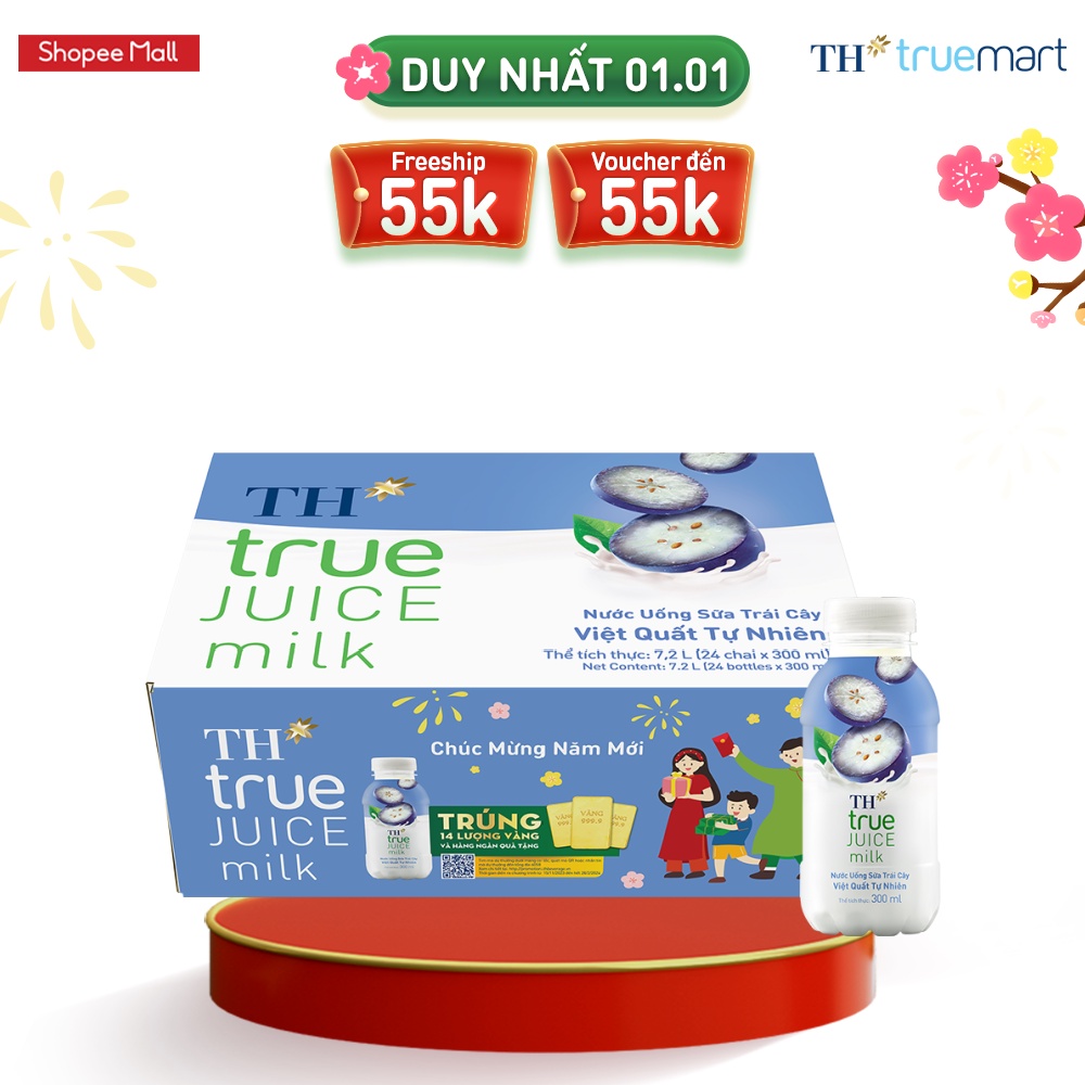 Thùng 24 chai nước uống sữa trái cây việt quất tự nhiên TH True Juice Milk 300ml 