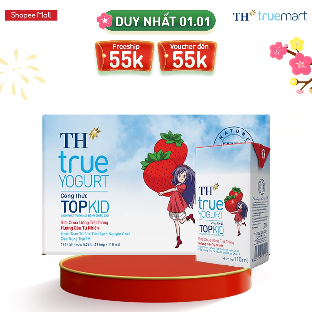 Thùng 48 hộp sữa chua uống tiệt trùng TOPKID hương dâu tự nhiên TH True Yogurt 110ml 