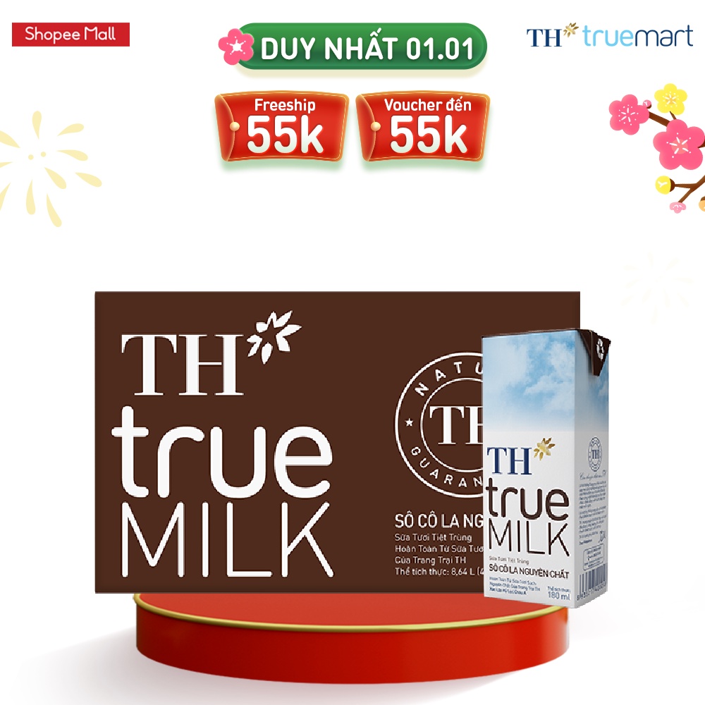 Thùng 48 hộp sữa tươi tiệt trùng sôcôla nguyên chất TH True Milk 180ml 